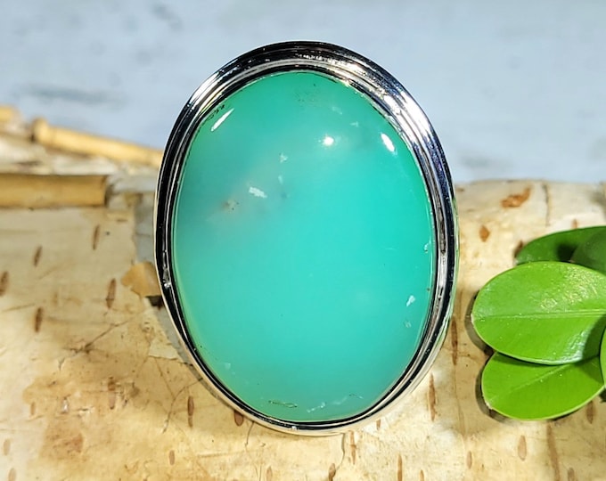 Natural AAA Grade Large Green Chrysoprase Handmade Oval .925 Sterling Silver Ring Size 8.5 10 Grams 1 1/8" x 7/8" CE40