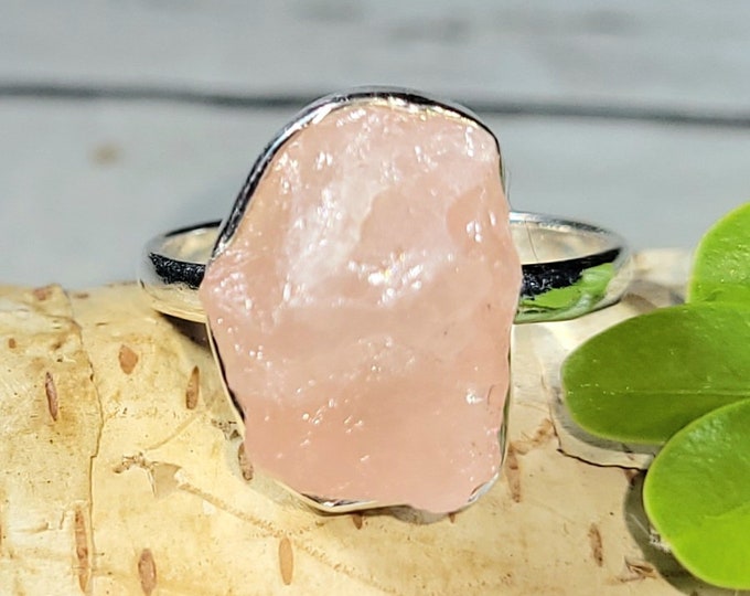 Natural High Quality Raw Rough Cut Rose Quartz Handmade .925 Sterling Silver Ring Size 8.5 5 Grams 11/16" x 5/8" CD19