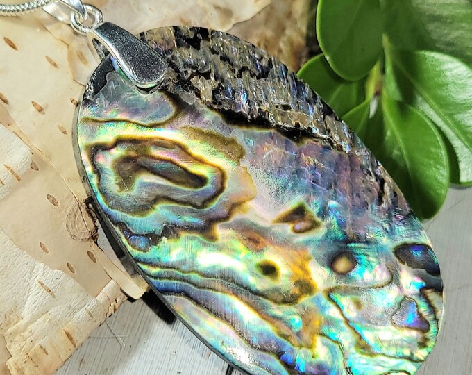 Natural Large Multi Color High Grade Abalone Cabochon .925 Sterling Silver Pendant EM28 Custom Fit Sterling Silver Heavy Duty Bail
