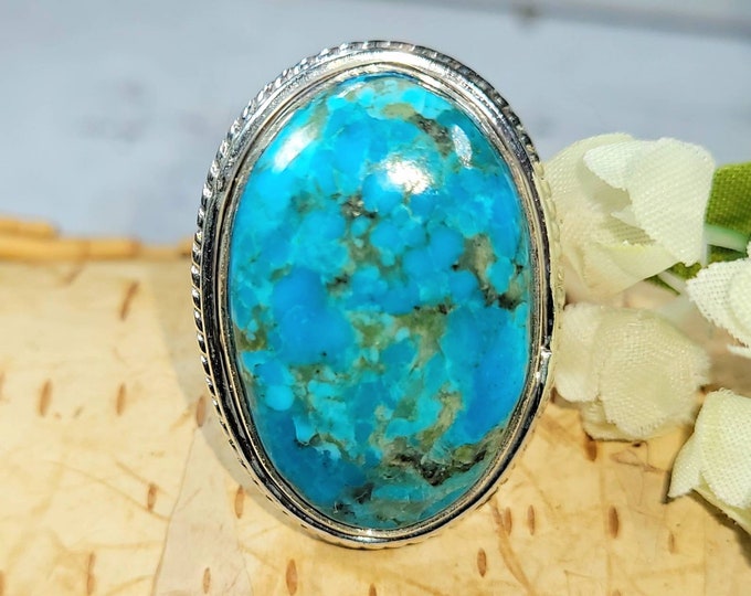 Kingman Turquoise Ring, Turquoise Ring, Arizona Turquoise .925 Sterling Silver Ring Size 8 Gift for Her, Boho Ring, Statement Ring DE