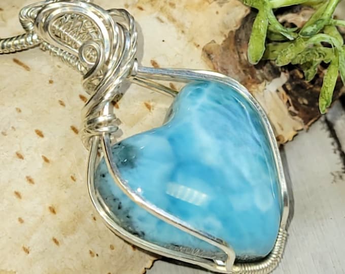 Larimar Pendant, Larimar Hand Wrapped Sterling Silver Pendant, Larimar Heart Sterling Silver Pendant, Statement Pendant, Gift for Her, HD04