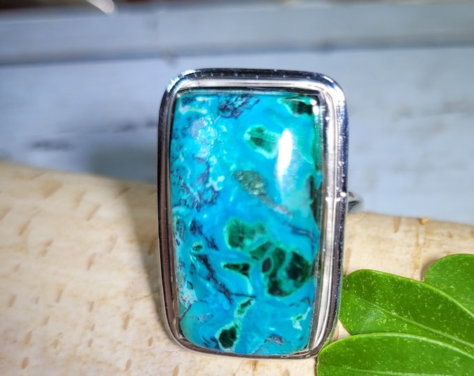 Natural High Quality Chrysocolla Malachite Handmade Rectangle .925 Sterling Silver Ring Size 8.5 Gift for Her Genuine Stone