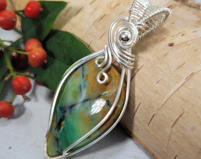 Blue Opal Pendant, Blue Opal Wire wrapped pendant, Petrified wood opal pendant,Sterling Silver wire wrapped pendant,Petrified wood wire wrap