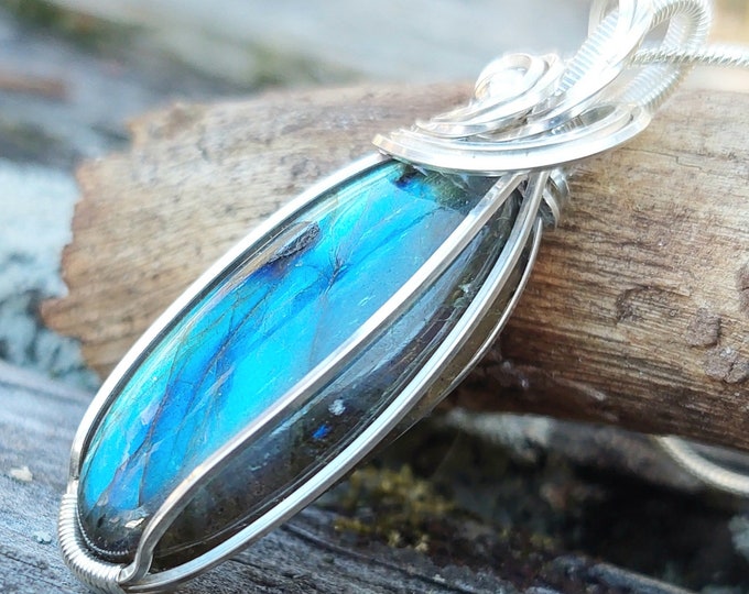 Natural AAA Grade Blue Labradorite Hand Wrapped .925 Sterling Silver Pendant 2" x  3/4" 10 Grams GC09 Handmade Wrapped Solid Sterling Silver