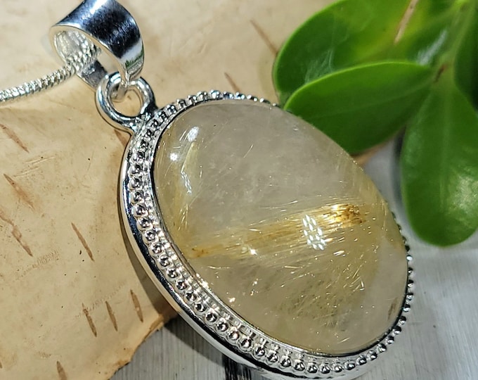 Natural High Grade Golden Needle Rutilated Quartz Handmade Oval .925 Sterling Silver Pendant 10 Grams 1 916" x 7/8" CN19 Gift for Her