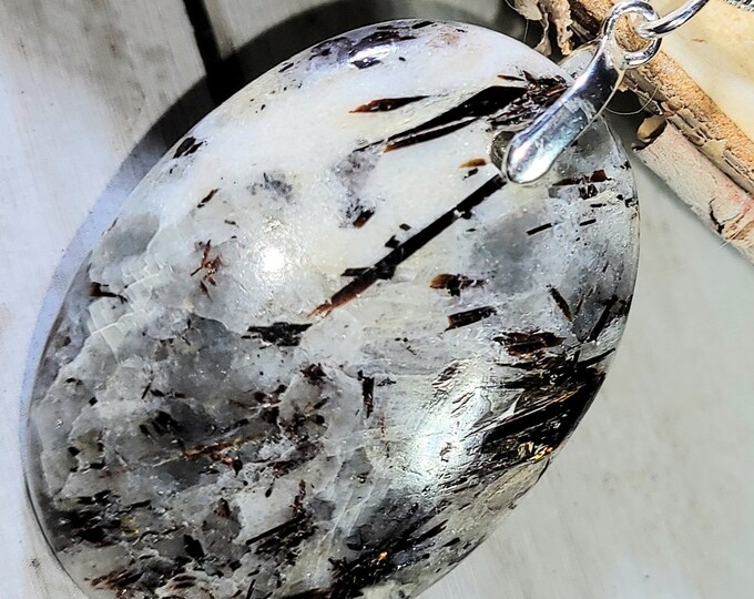Natural Top Quality Astrophyllite Cabochon .925 Sterling Silver Pendant 1 3/4" x 1" EG13 Sterling Silver Bail