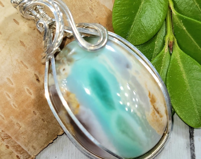 Natural Blue Opalized/Petrified Wood Wire Wrapped .925 Silver Pendant, Sterling Silver Wire Wrapped pendants, Handmade Stone Jewelry FD24