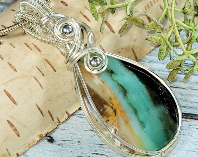 Blue Opalized Wood Sterling Silver Pendant: Hand Wire Wrapped