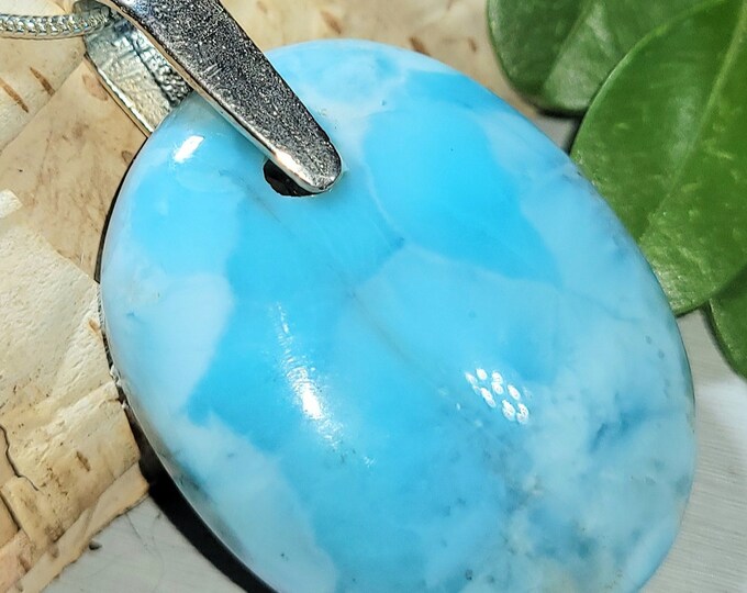 Natural Top Choice Larimar Cabochon .925 Sterling Silver Pendant 1 5/8" x 1" 14 Grams M28 Sterling Silver Heavy Duty Bail