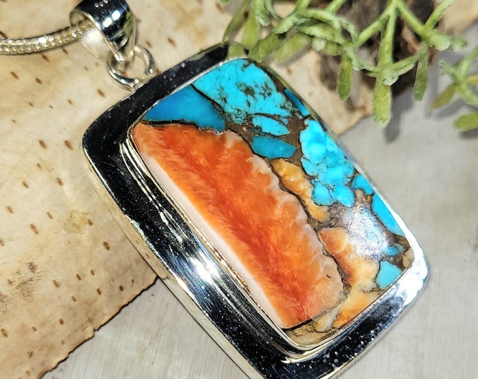Spiny Oyster Turquoise Pendant, Spiny Oyster Turquoise w/copper, Sterling Silver Pendant, Spiny turquoise pendant, Handmade Pendant HJ40
