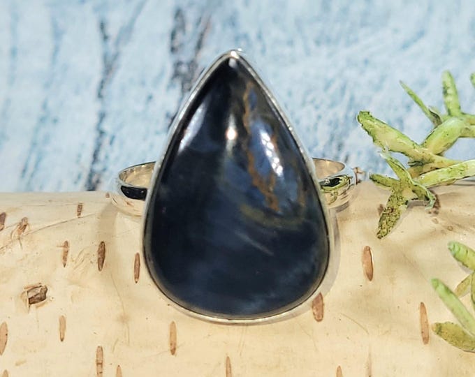 Handmade Pear Pietersite Sterling Silver Ring - Size 10