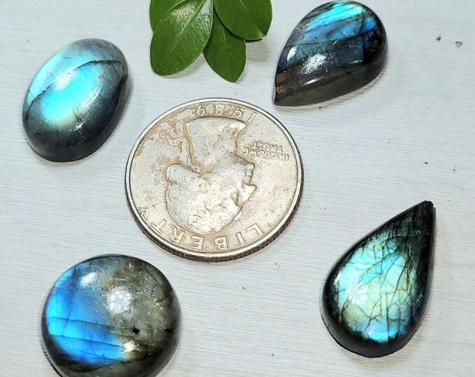Natural Blue & Multi-Flash Labradorite Mixed Cabochons 60ct 4 Stone Lot Wire Wrapping, Weaving, Pendant or Ring AT07