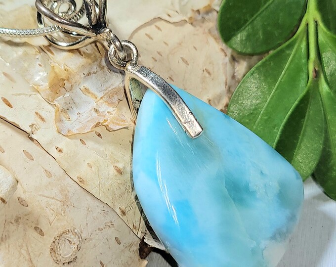 Natural Top Choice Larimar Cabochon .925 Sterling Silver Pendant 2" x 7/8" 11 Grams P13 Sterling Silver Heavy Duty Designer Bail