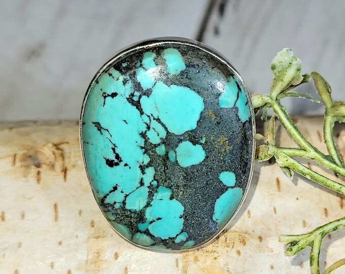 Tibetan Turquoise Sterling Silver Ring, Turquoise Ring, Statement Turquoise Ring; Handmade Ring, Premium Turquoise Ring, Size 9.5, GS