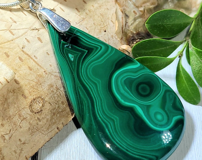 Natural AAA Grade Malachite Pear Cabochon .925 Sterling Silver Pendant 2 3/8" x 1 1/8" EP04 Sterling Silver Heavy Duty Bail