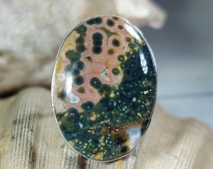 Natural Premium Grade Ocean Jasper Ring, Genuine Ocean Jasper Ring set in .925 Sterling Silver, Size 9 1/2