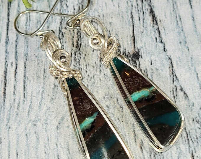 Blue Opalized Earrings, Petrified Wood Earrings, Sterling Silver Wire Wrapped Opalized Earrings, Sterling Silver Blue Opal Earrings JF20