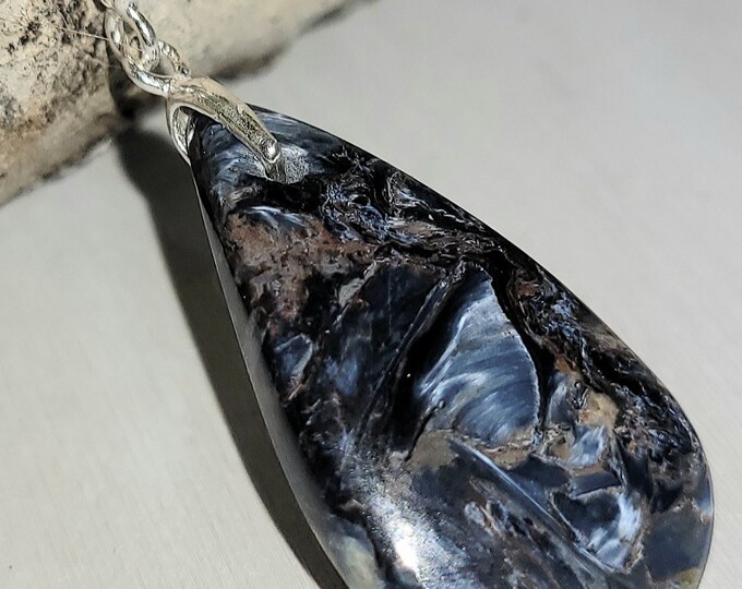 Natural Choice Blue Marble Pietersite Pear Cabochon  .925 Sterling Silver Pendant 1 1/2" x 5/8" EE17 Sterling Silver Bail