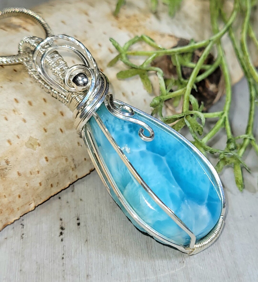 Larimar Pendant, Larimar Wire Wrapped Sterling Silver Pendant, Hand
