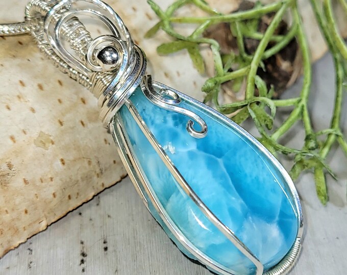 Larimar Pendant, Larimar Wire Wrapped Sterling Silver Pendant, Hand Wire Wrapped Larimar Pendant, Designer Larimar Pendant, Gift for Her, HC