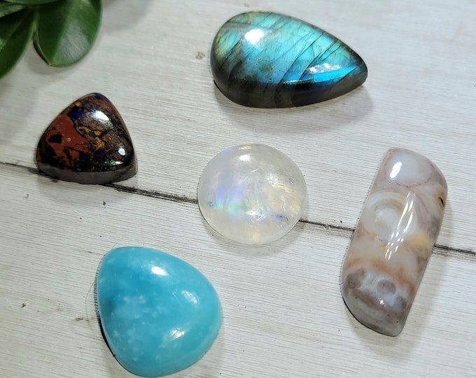 Natural Labradorite, Ocean Jasper, Moonstone, Zarinite & Hemimorphite 75ct Cabochons Mixed Lot 5 Stone Wire Wrap, Weaving ML01