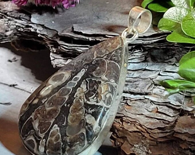 Natural High Grade Turritella Agate Handmade Pear .925 Sterling Silver Pendant 2 1/8" x 1 1/4" 14 Grams CY14 Gift for Her