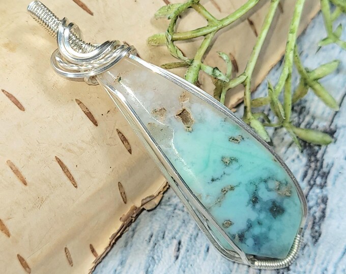 Blue Opalized Wood Pendant, Blue Petrified Wood Wire Wrapped Sterling Silver Pendant, Hand Wrapped Pendant, Gift for Her, JG10