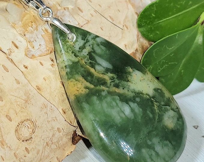 Natural Premium Grade Serpentine Cabochon .925 Sterling Silver Pendant 1 7/8" x 7/8" EY01 Custom Fit Sterling Silver Bail