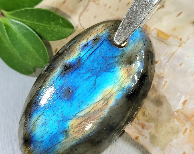 Natural High Grade Multi Flash Labradorite Oval Cabochon  .925 Sterling Silver Pendant 1 7/8" x 7/8" P01 Sterling Silver Heavy Duty Bail
