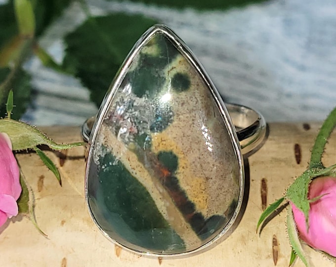 Natural Premium Grade Ocean Jasper Ring, Genuine Ocean Jasper Ring set in .925 Sterling Silver, Size 9.25 3/4