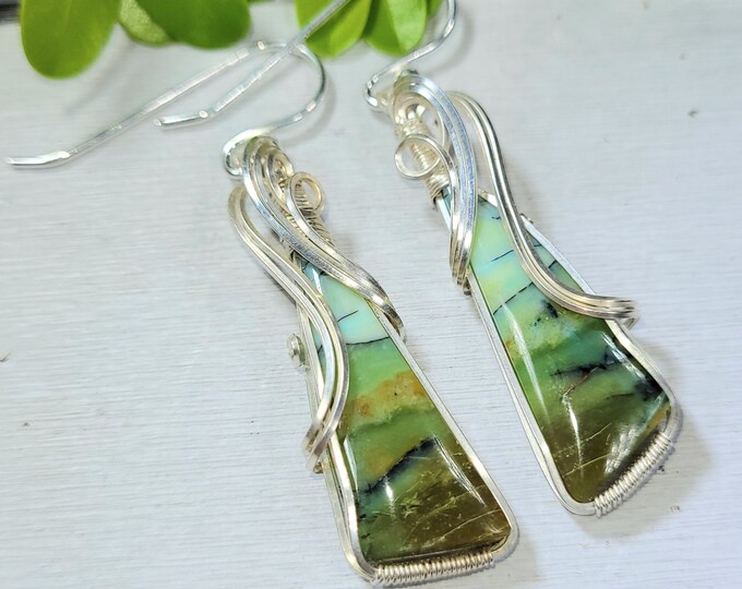 Blue Opalized Earrings, Opalized Sterling Silver Wire Wrapped Earrings, Petrified Wood Earrings, Hand Wrapped Earrings, Gift for Her FA05