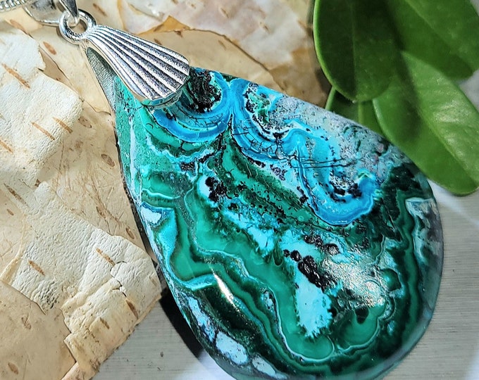 Natural High Grade Chrysocolla Malachite Cabochon .925 Sterling Silver Pendant 2" x 1 1/8" 11 Grams ES06 Sterling Silver Designer Bail