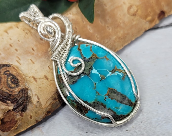 Tibetan Turquoise Pendant, Tibetian Turquoise Wire Wrapped Pendant, .925 Sterling Silver wire wrapped, , Handmade Pendant CR10