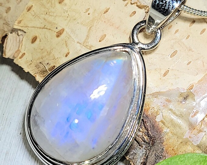 Natural Top Grade Pear Shape Rainbow Moonstone .925 Sterling Silver Pendant 1 3/8" x 3/4" 6 Grams EX21
