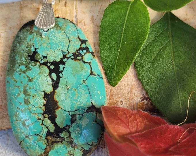 Natural High Grade Spiderweb Turquoise Oval Handmade Cabochon .925 Sterling Silver Pendant 2 3/8" x 1 1/4" CW70 Heavy Duty Designer Bail