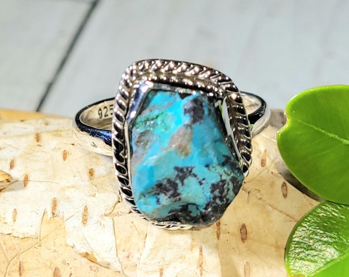 Natural Raw Rough Cut Chrysocolla Handmade .925 Sterling Silver Ring Size 8.5 5 Grams 11/16" x 9/16" CB01