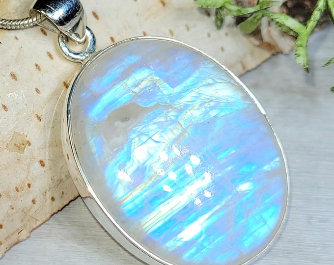 Moonstone Pendant, Rainbow Moonstone Oval Cabochon Sterling Silver Pendant, Blue Color Flash, Gift for Her, Handmade Pendant, GF04,