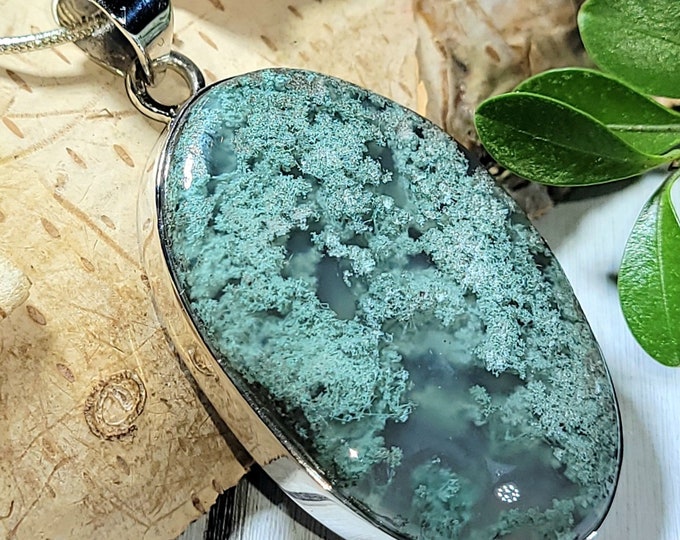 Natural Best Grade Green Moss Agate Oval Handmade .925 Sterling Silver Pendant 2 1/8" x 1" 13 Grams AR17