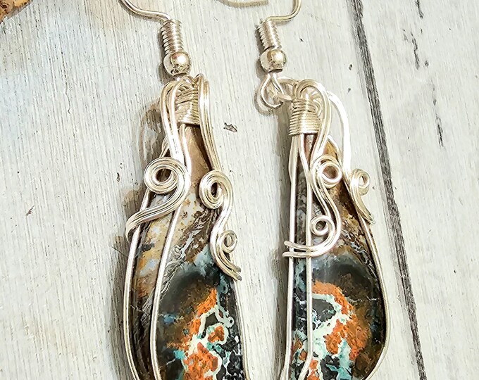 Natural Premium Grade Ocean Jasper Oval Handmade .925 Sterling Silver Earrings 10 Grams 2 1/2" x 1/2" FS41
