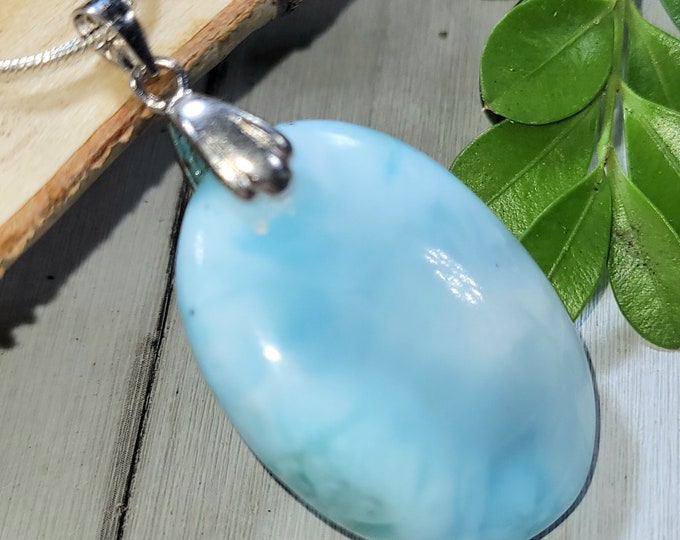 Natural High Quality Dominican Larimar Oval Cabochon Sterling Silver Pendant 1 3/4" x 15/16" 9 Grams CV14 Sterling Rhodium Plated Bail
