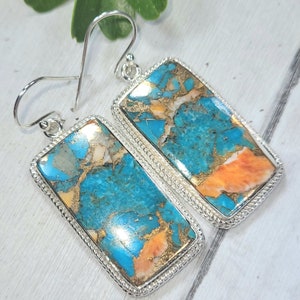 Natural Top Quality Color Spiny Oyster Turquoise .925 Sterling Silver Earrings 18.5 Grams 2&quot; x 3/4&quot; FU27 Genuine Stones Gift for Her