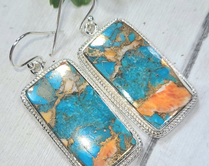 Natural Top Quality Color Spiny Oyster Turquoise .925 Sterling Silver Earrings 18.5 Grams 2" x 3/4" FU27 Genuine Stones Gift for Her