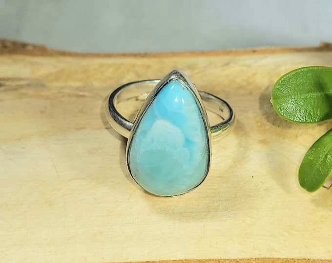 Natural Top Choice Larimar .925 Sterling Silver Ring Size Adjustable 6-7 4 Grams 3/4" x 7/16" EF38