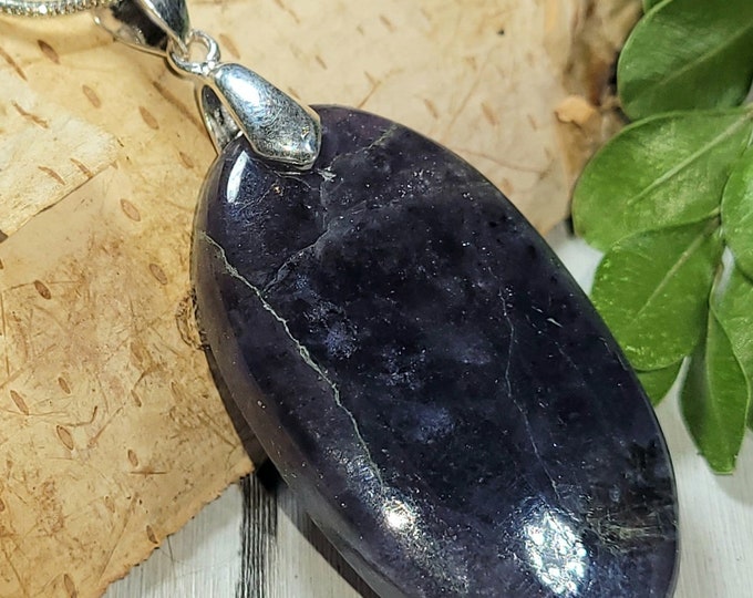 Natural Violet Blue Iolite Sunstone Oval Cabochon .925 Sterling Silver Pendant 2 1/8" x 7/8" AR41 Custom Fit Sterling Silver Bail