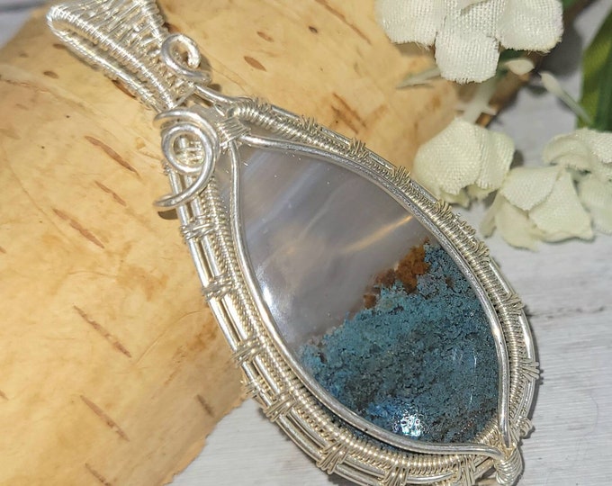 Natural Moss Agate Pendant,  Wire Wrapped .925 Silver Pendant, Sterling Silver Wire Wrapped pendants, Handmade Stone Jewelry DB13