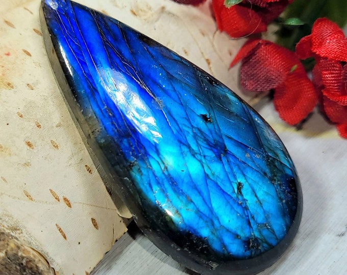 Natural Premium Blue Flash Labradorite Pear Cabochon 45ct 43mm x 20mm Wire Wrapping, Weaving, Pendant, Collector DA35