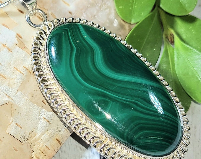 Natural High Quality Congo Malachite Handmade Oval .925 Sterling Silver Pendant 2 5/16" x 1" 17 Grams EN27 Gift for Her Genuine Stone