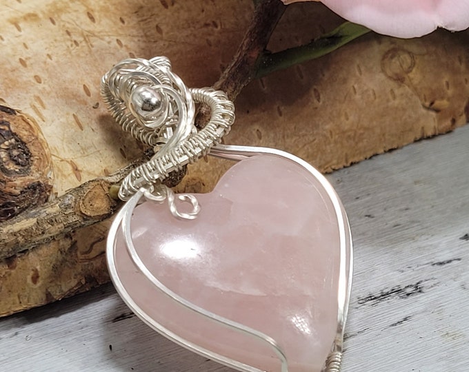 Rose Quartz Heart Pendant, Rose Quartz Hand Wire Wrapped Sterling Silver Pendant, Statement Pendant, Handmade Pendant DT13, Gift for Her