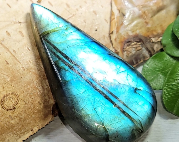 Natural Blue Multi-Flash Labradorite Pear Cabochon 55ct 11 Grams 42mm x 21mm Wire Wrapping, Weaving or Pendant, Collector Gift for Her