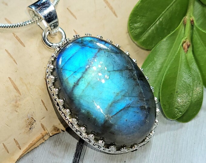 Natural Premium Grade Blue Flash Labradorite Oval .925 Sterling Silver "Crown Designer Prongs" Pendant 1 1/2" x 3/4" 10 Grams CM16